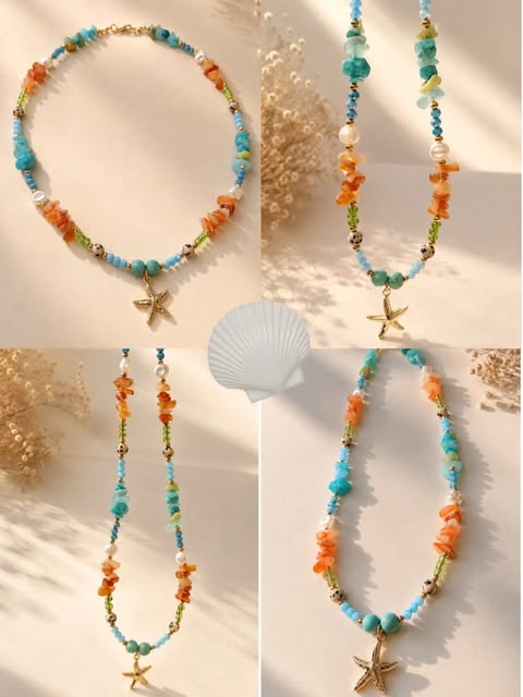 Collar de piedras turquesas y naranjas con dije de estrella de mar